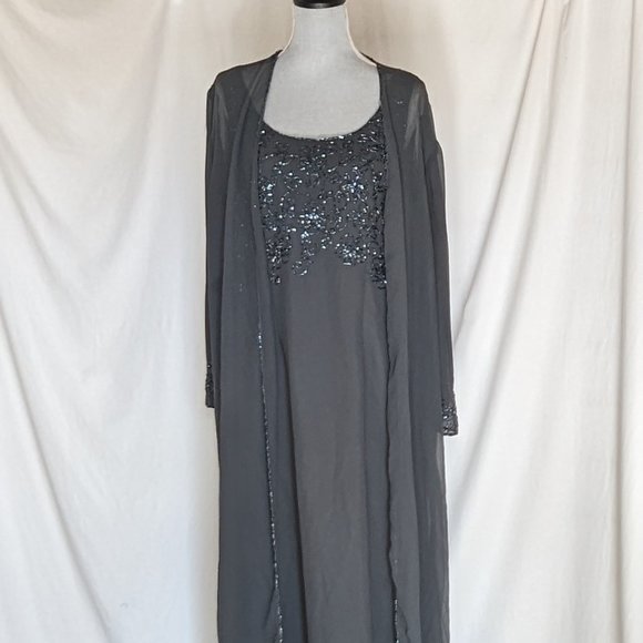 J Lazmi 2 pc w outside sheered maxi jacket sequence gray party formal dress XXL - Picture 4 of 9